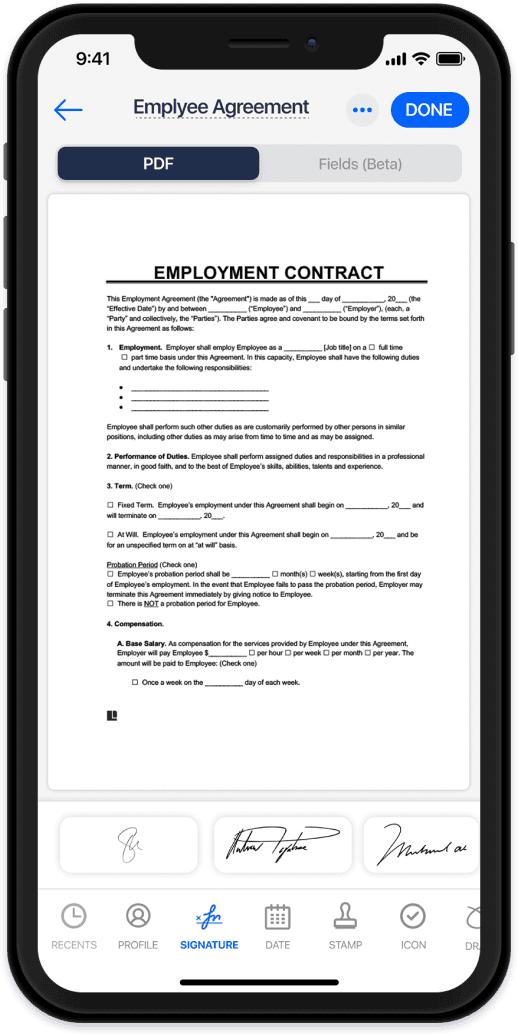 Digital employment contract on iphone using Fill mobile app