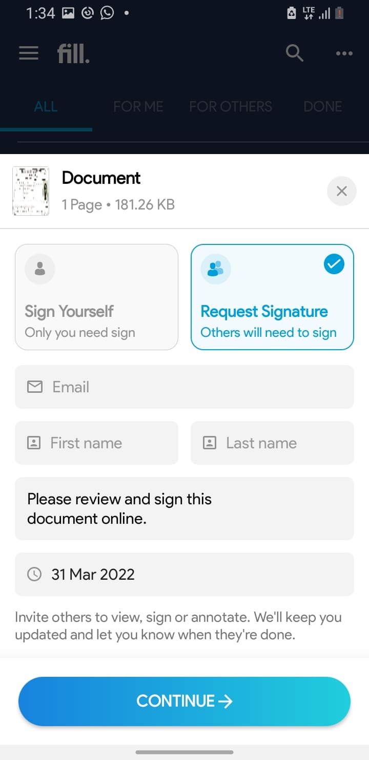 Fill app allows you to invite people to sign and fill the scanned document