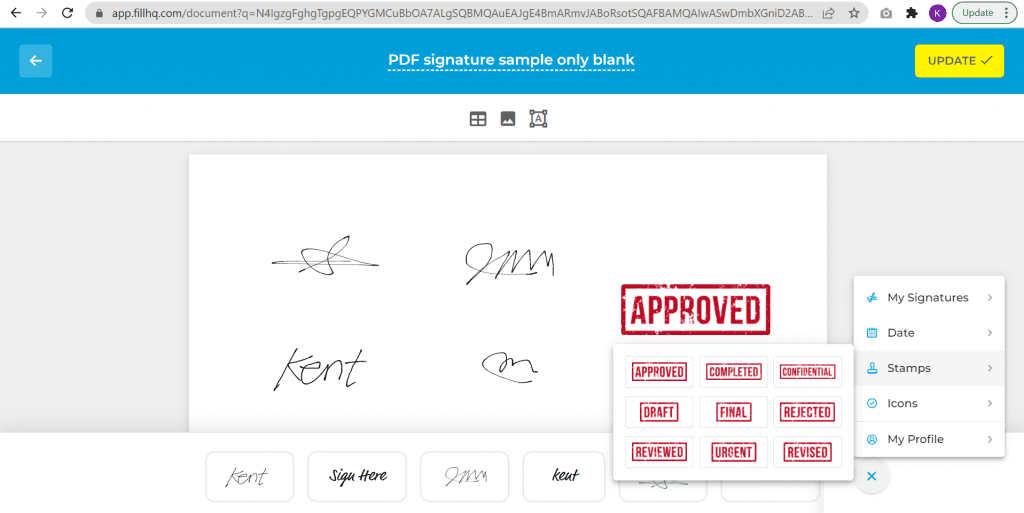 Fill electronic signature software canvass for handwritten signatures