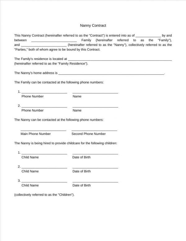 Printable Nanny Contract Template Download Free
