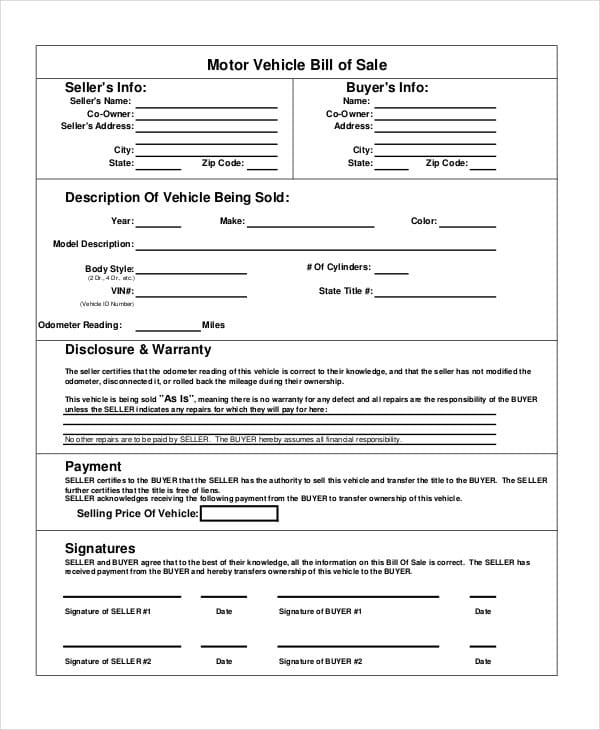 Vehicle Bill of Sale Template