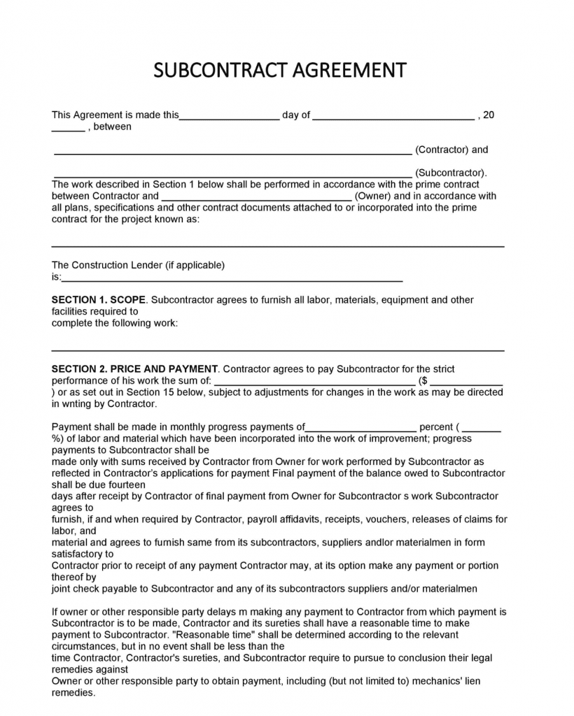 Subcontractor Agreement Templates