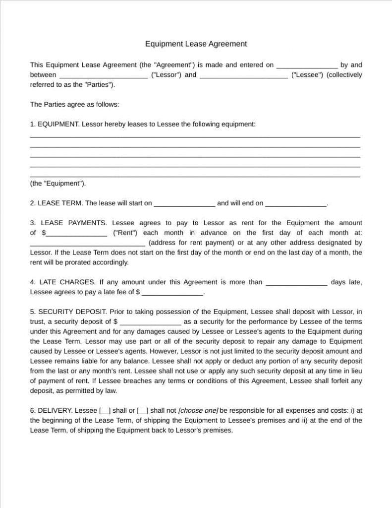 equipment lease agreement template