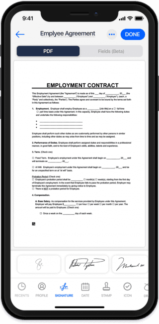 View of Employee Agreement Template on iPhone