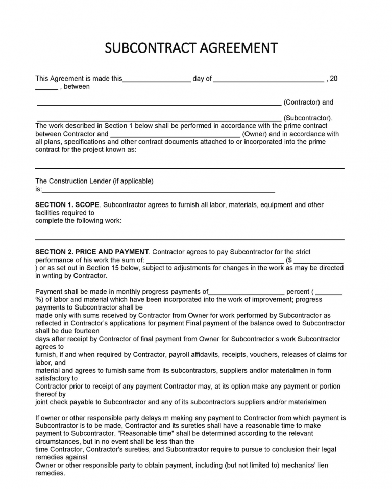 subcontractor agreement template