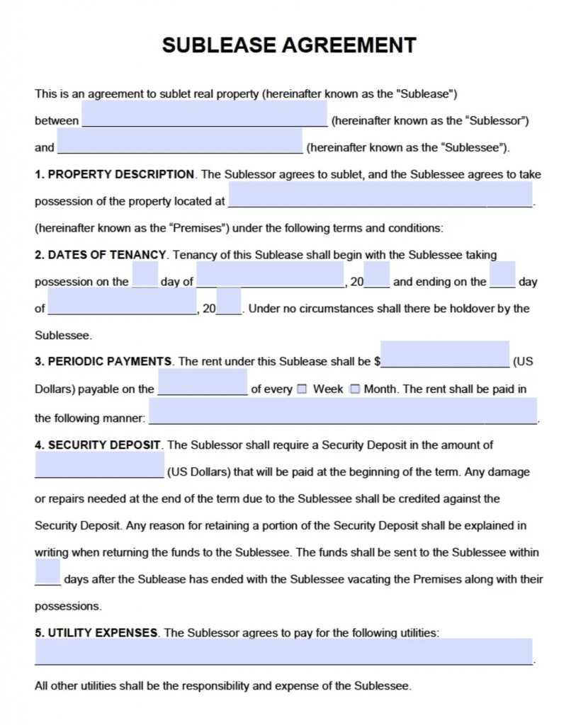 sublease agreement template