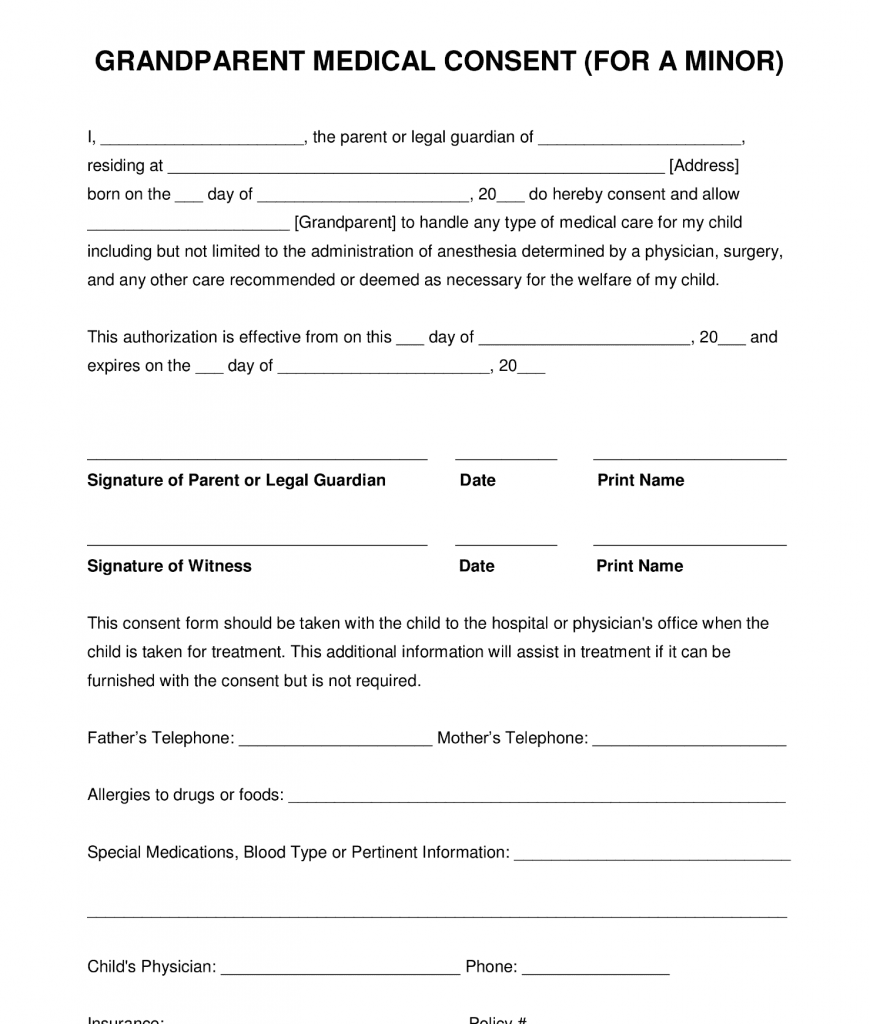 Medical Treatment Authorization For a Minor Template