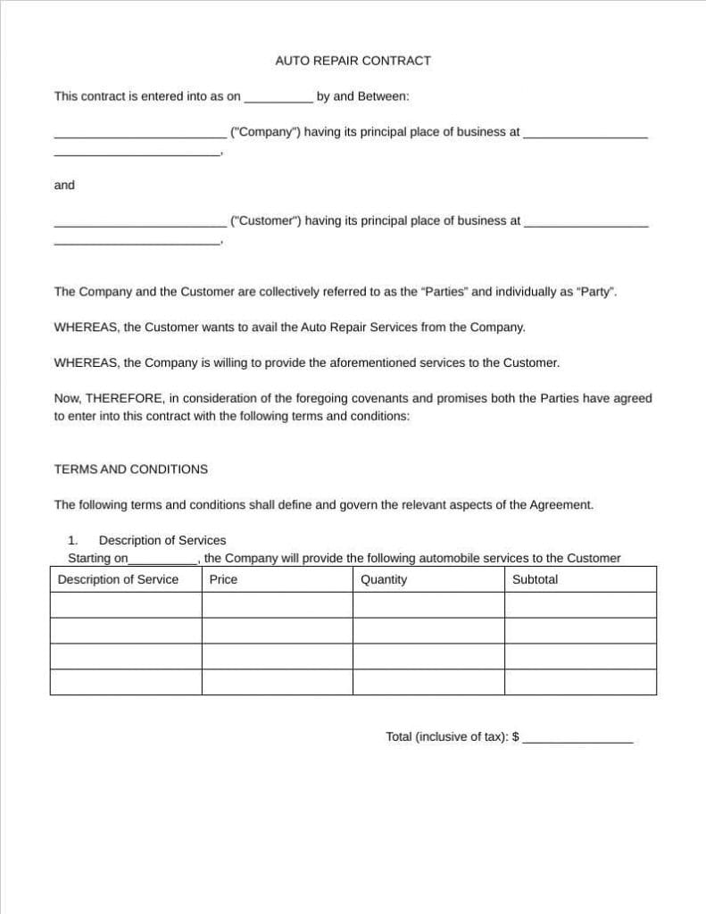 auto repair contract template