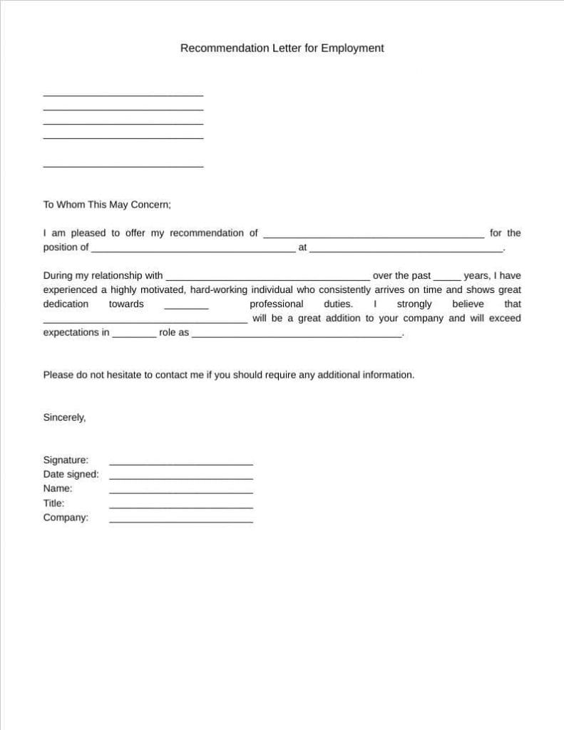 recommendation letter for employment template
