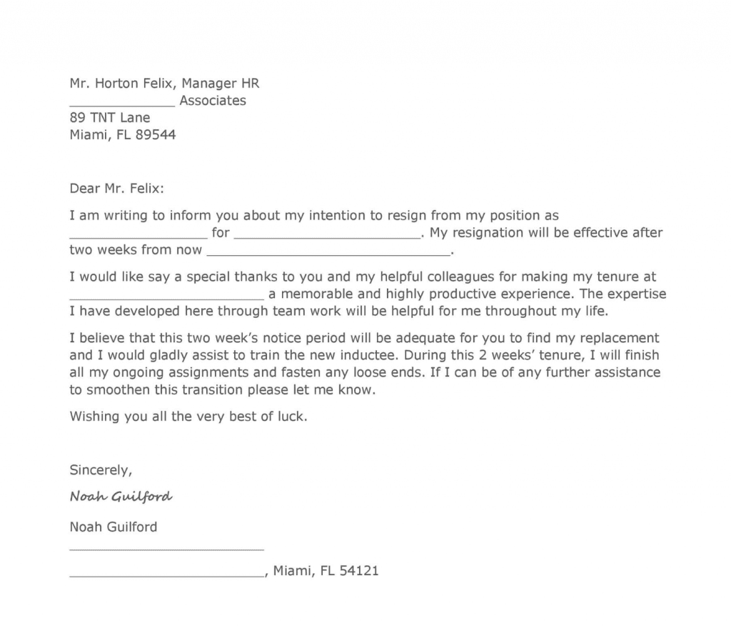 resignation letter few weeks notice template