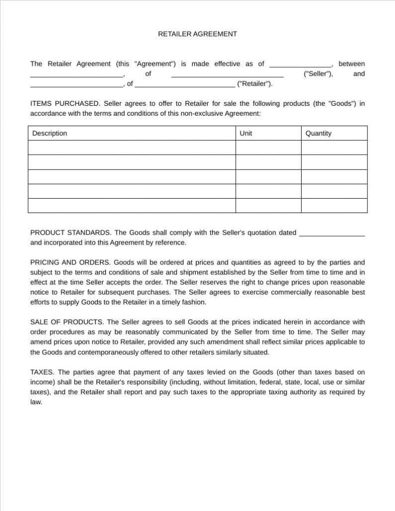 Retail Agreement Template for Sellers and Stores - Fill