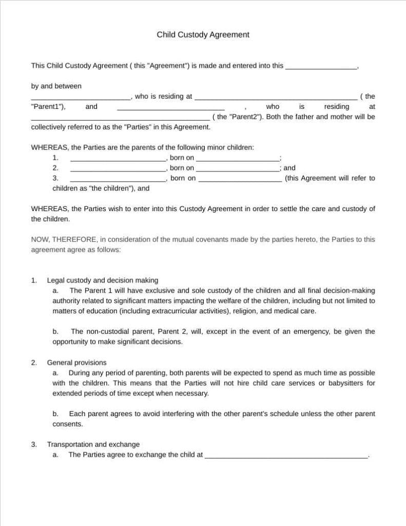 child custody agreement template