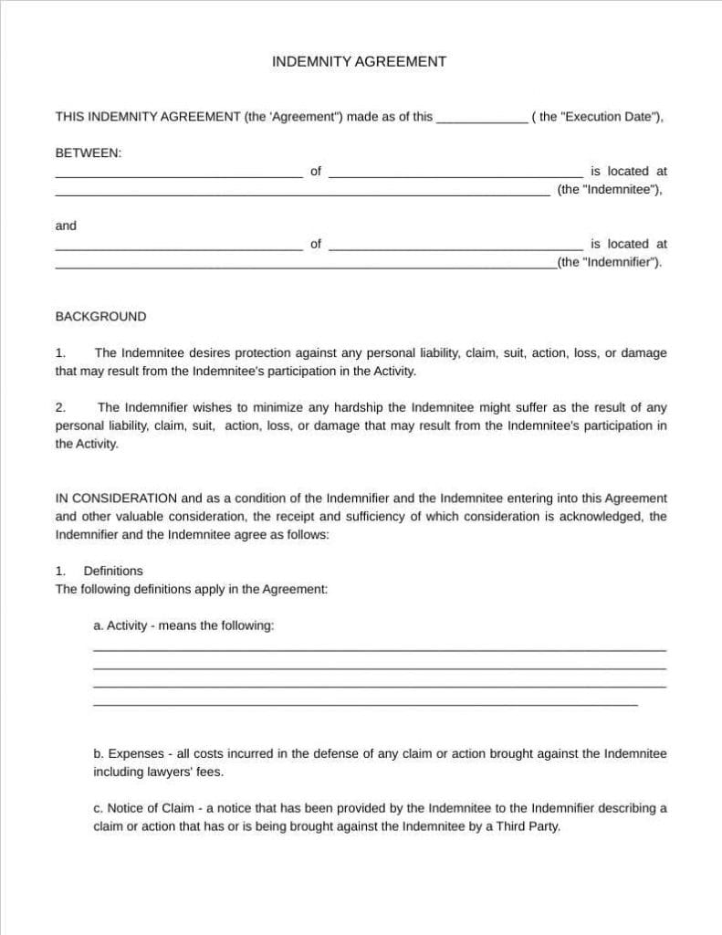 indemnity agreement template