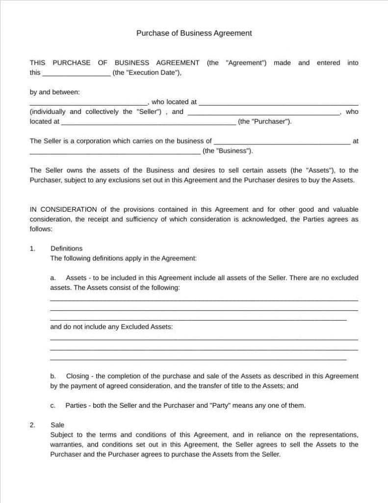 purchase of business agreement template