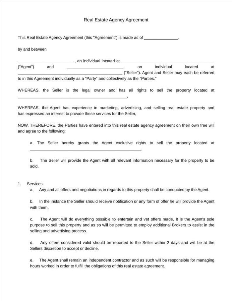real estate agency agreement template