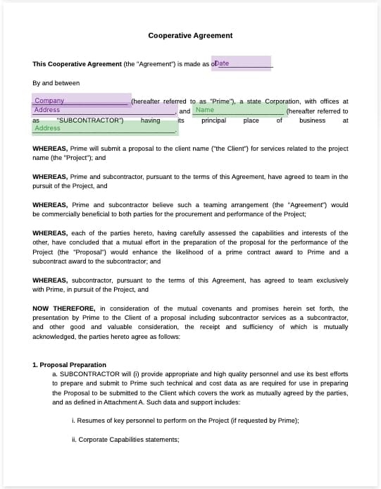 cooperative agreement template