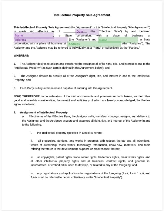 intellectual property sale agreement template