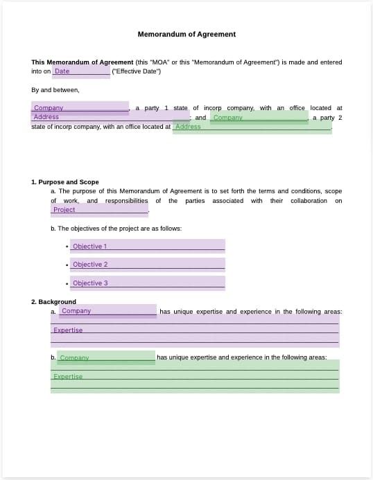 memorandum of agreement template