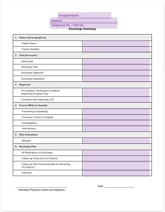 patient discharge summary template