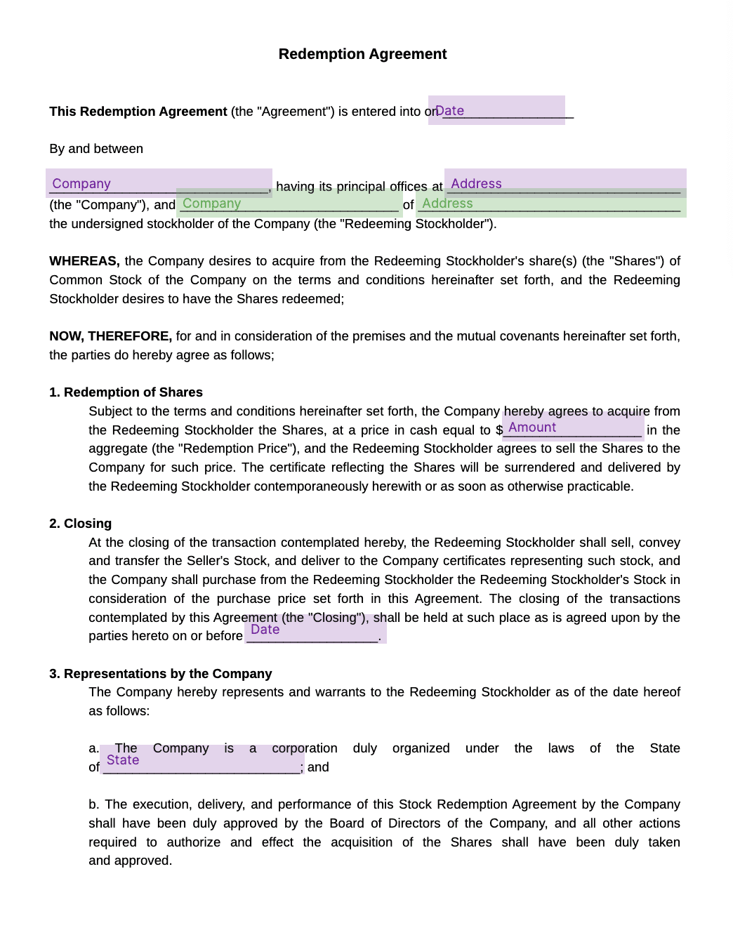 redemption agreement template