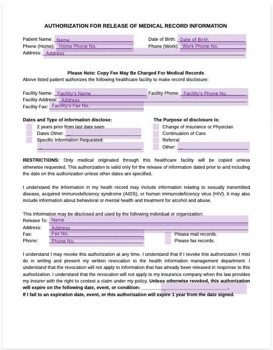 release medical records authorization form template
