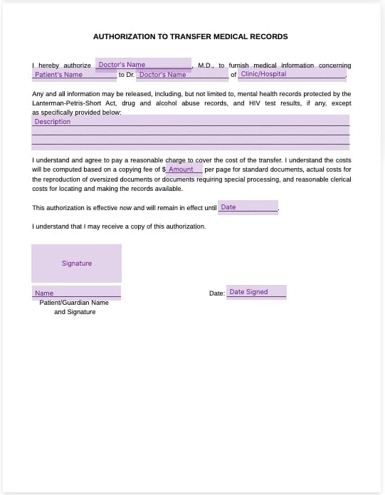 transfer nmedical records authorization form template