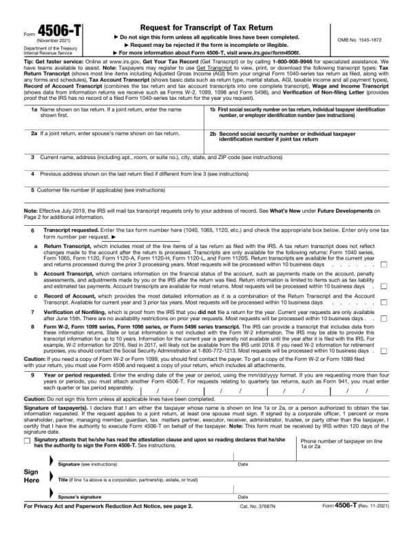 form 4506 t request for transcript of tax return template
