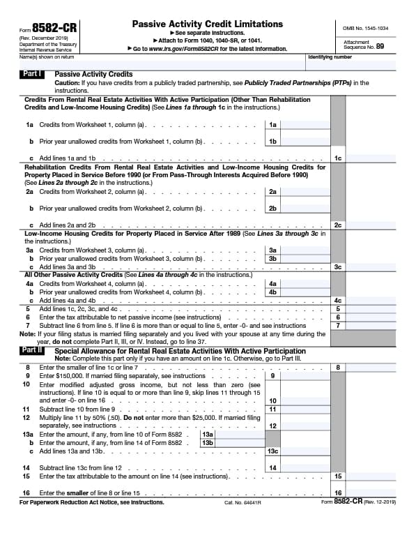 form 8582 cr for passive activity credit limitations template