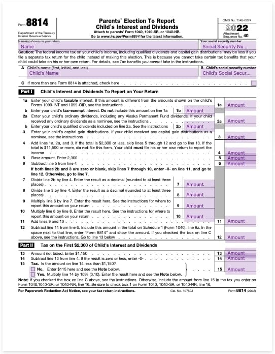 form 8814 parents election to report childs interest and dividends template