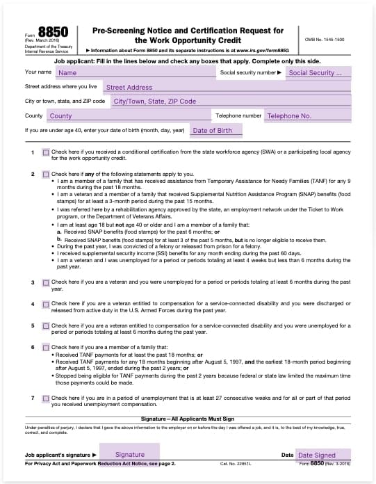 form 8850 pre screening notice and certification request for the work opportunity credit template