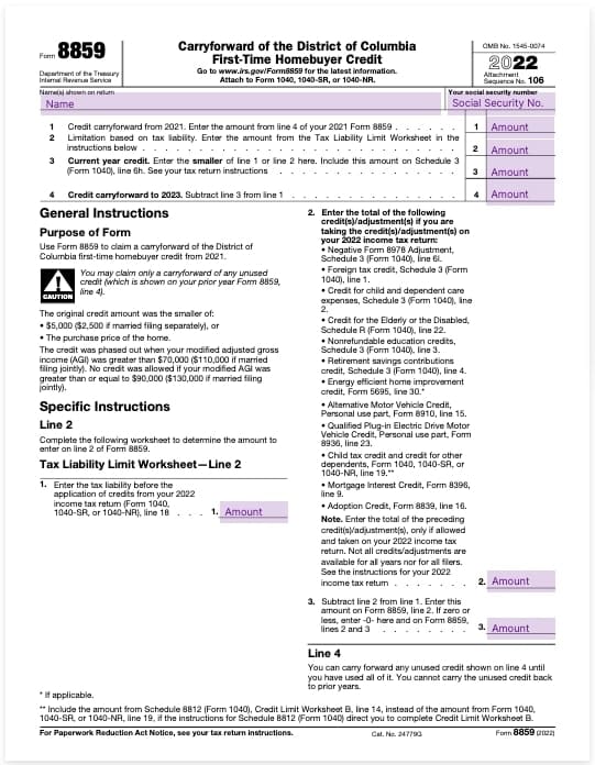 form 8859 carryforward of the district of columbia first-time homebuyer credit 2022 template
