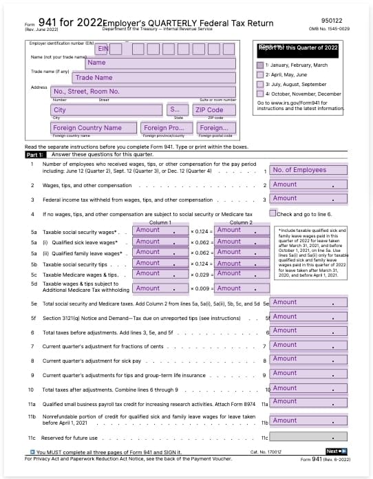 form 941 employers quarterly federal tax return template