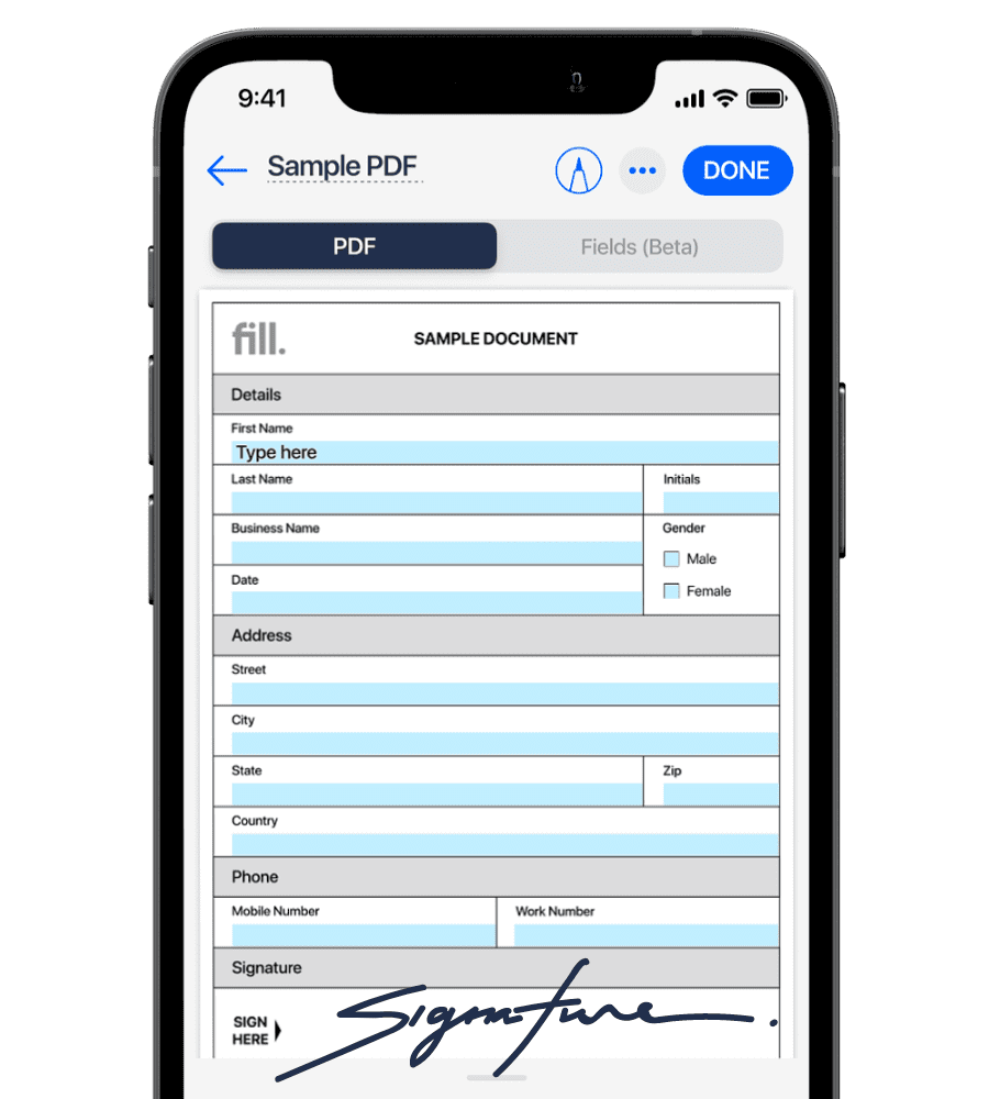 a mobile phone using Fill digital signature app to create contract