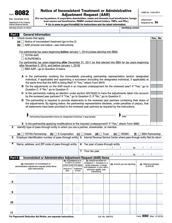irs form 8082 notice of inconsistent treatment or administrative adjustment request