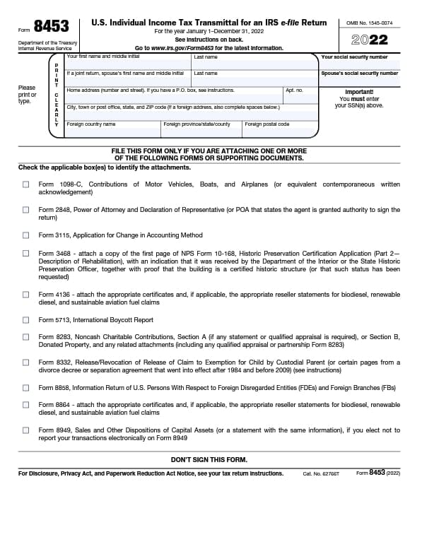 irs form 8453 us individual income tax transmittal for an irs e-file return template