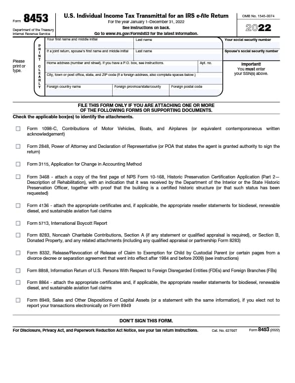 irs form 8453 us individual income tax transmittal for an irs e-file return template