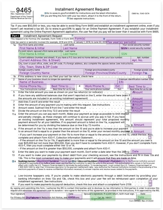 irs form 9465 installment agreement template