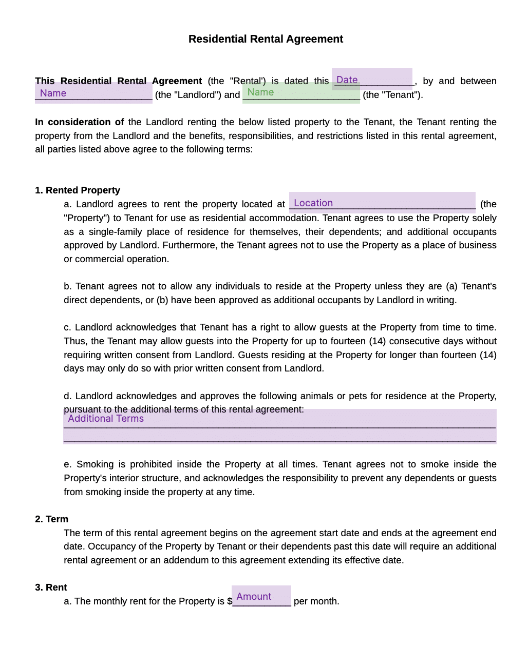 residential rental agreement template