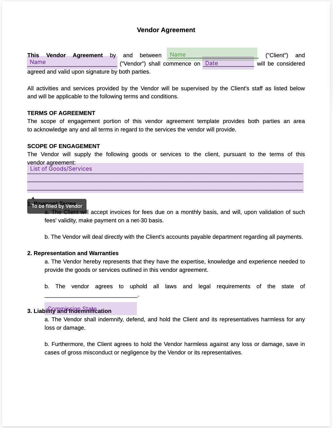 vendor agreement template