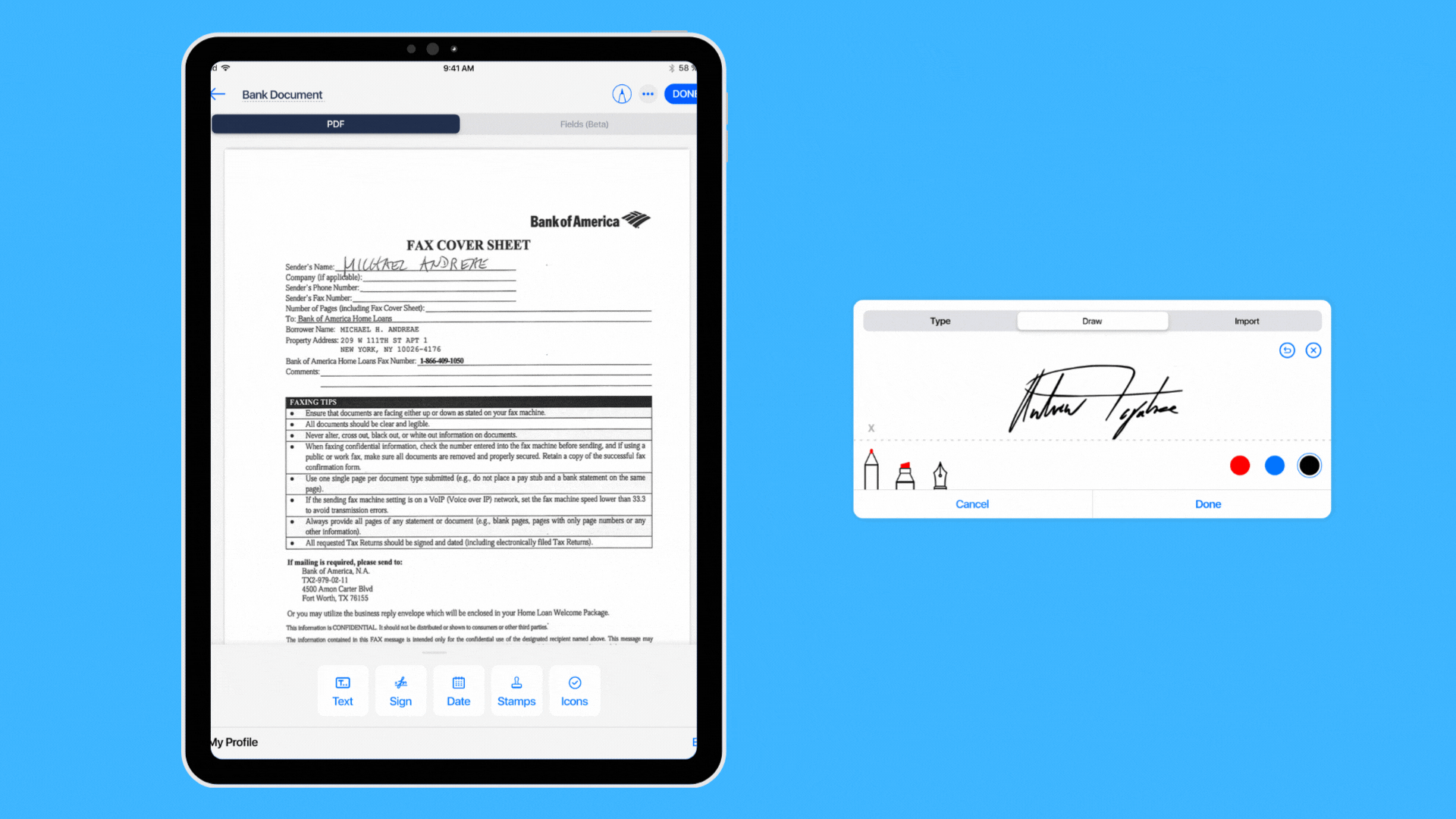 Fill for iPad draw type or import signature