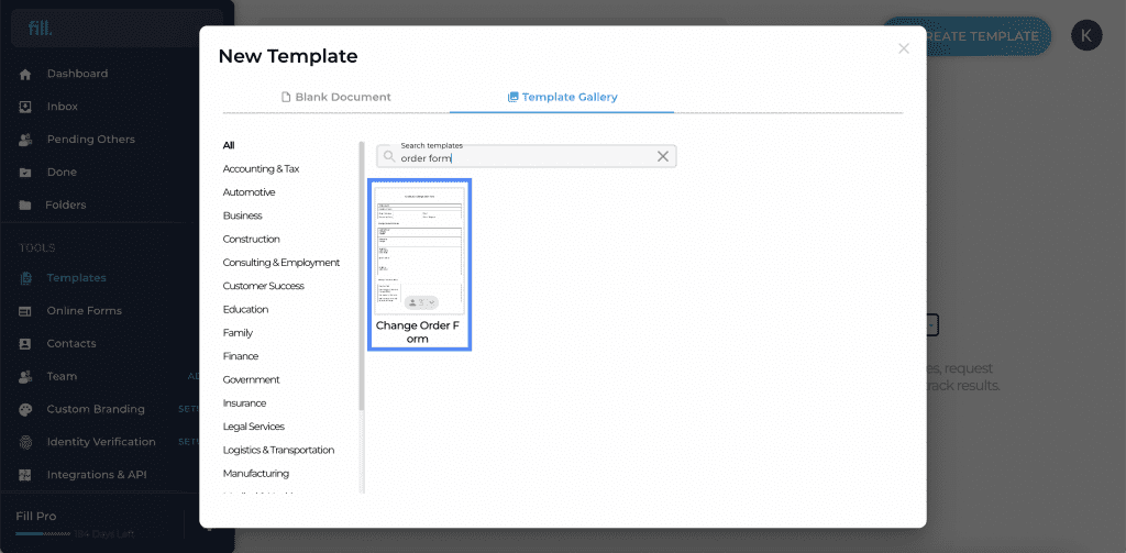 fill select change order form