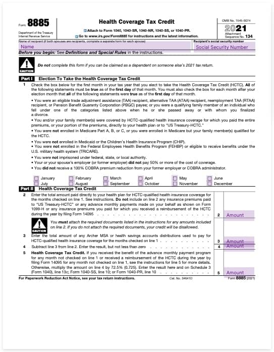 irs form 8885 health coverage tax credit template