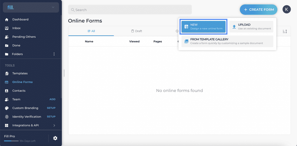 select online forms new button