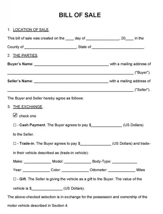 Motorcycle bill of sale template