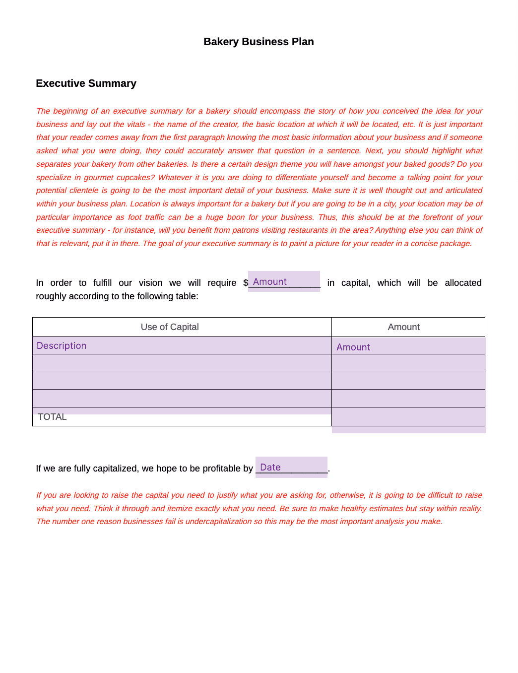 bakery business plan template