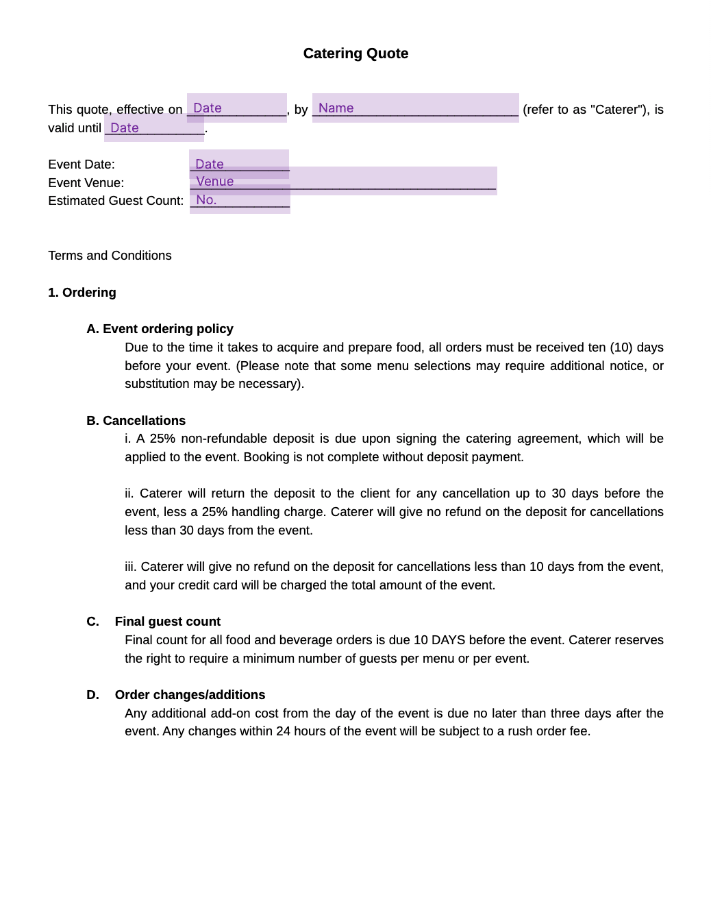 catering quote template