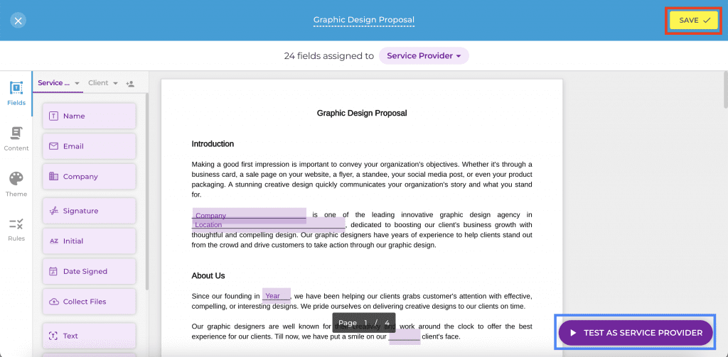 graphic design proposal save and test as service provider