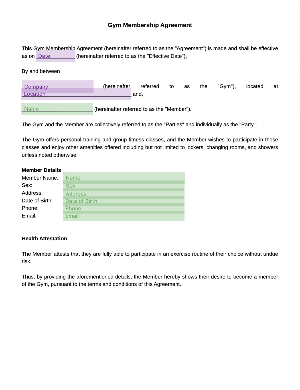 gym membership agreement template