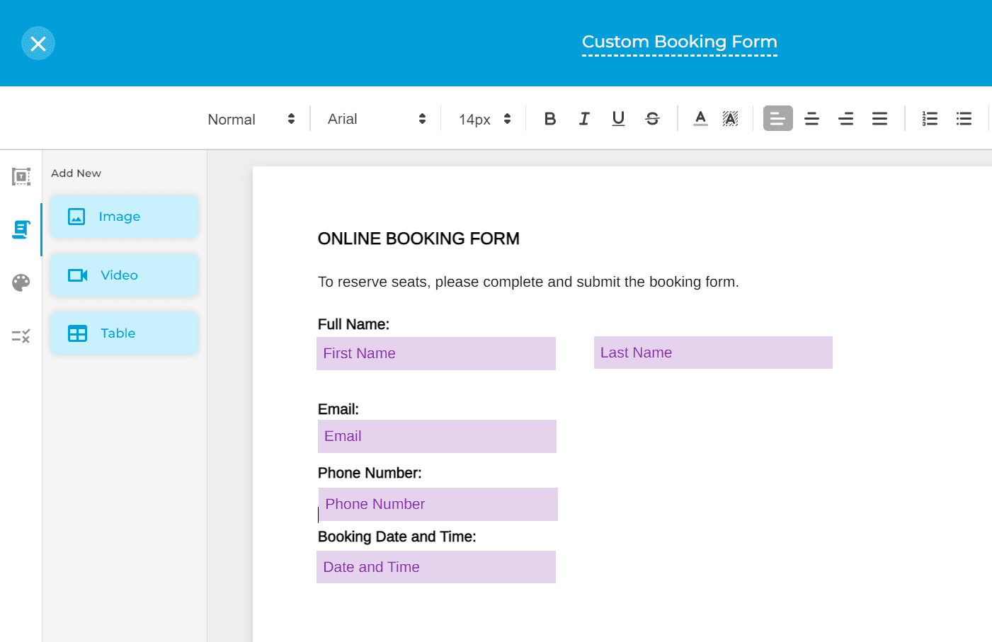 custom forms for booking