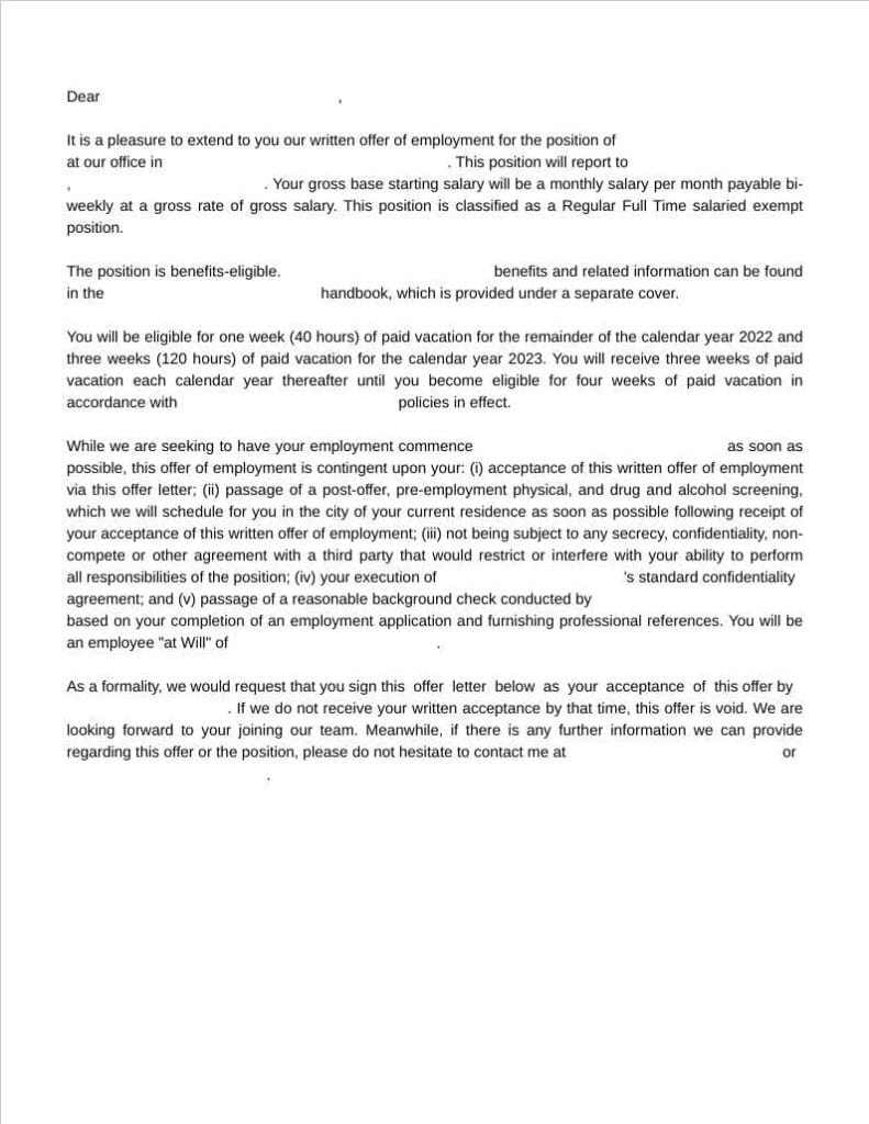 employment offer letter template